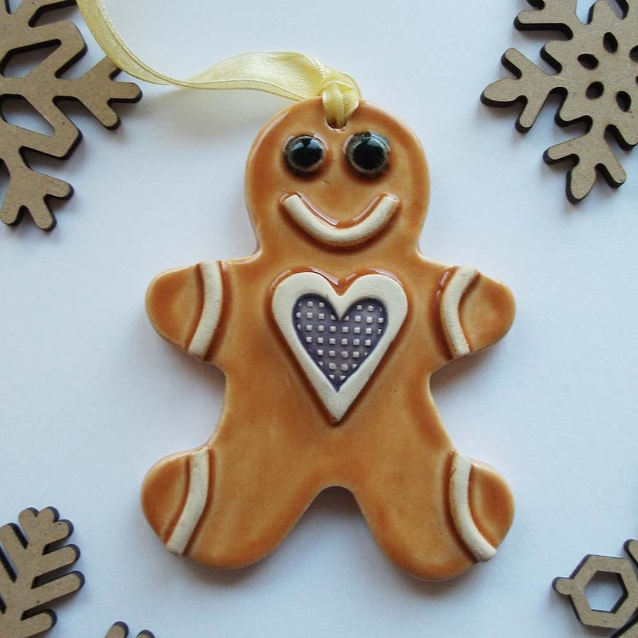 Ceramic gingerbread man Christmas decoration Purple heart