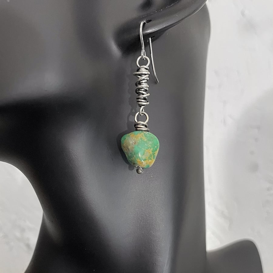 Sterling silver and turquoise bead long scribble earrings