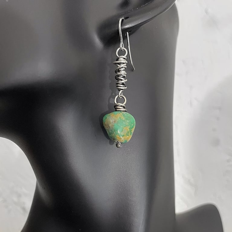 Sterling silver and turquoise bead long scribble earrings