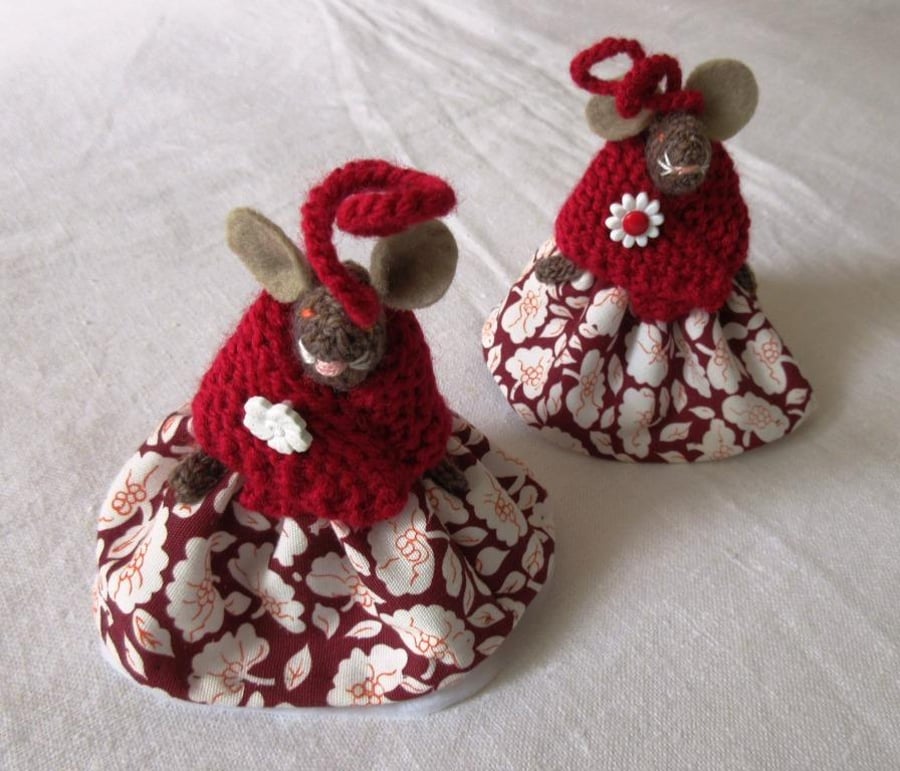 Two little knitted brown mice to hang on the Christmas tree