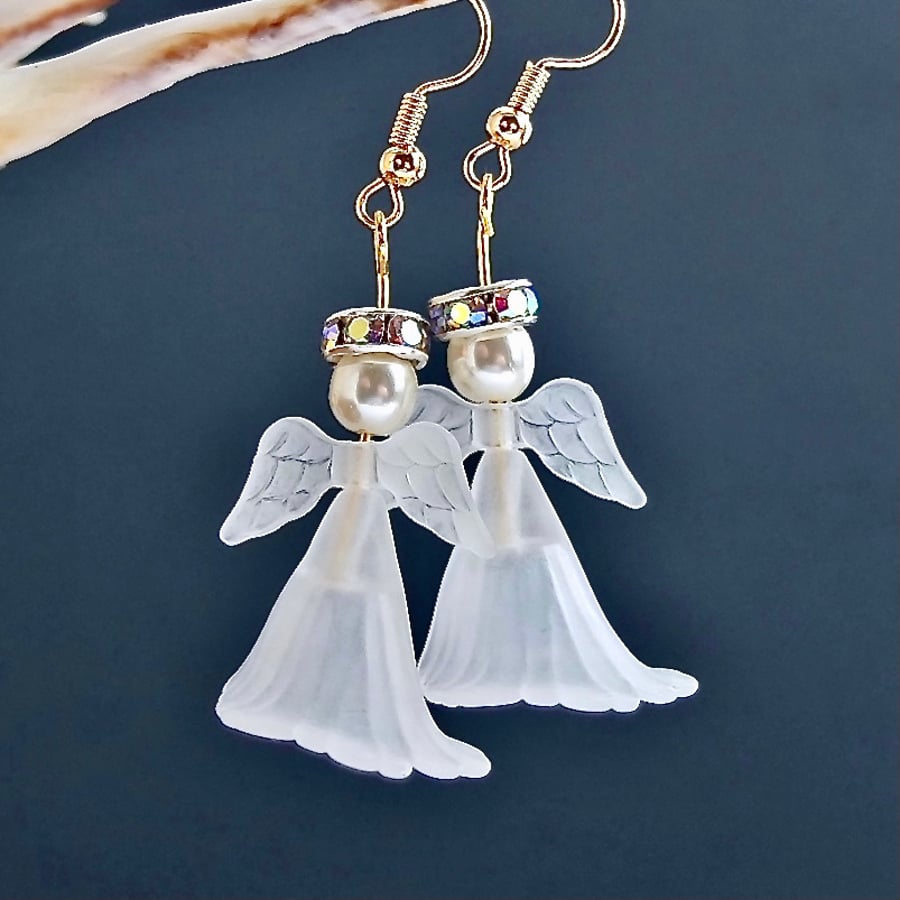 Christmas Angel Earrings - White And Gold - Handmade In Devon - Free UK P&P