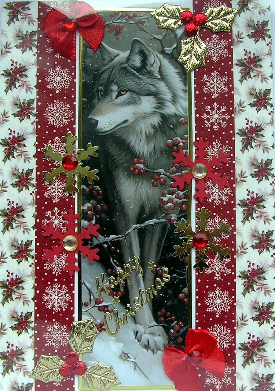 Hand Crafted Decoupage Chistmas Card - Happy Christmas (3232) Wild Grey Wolf
