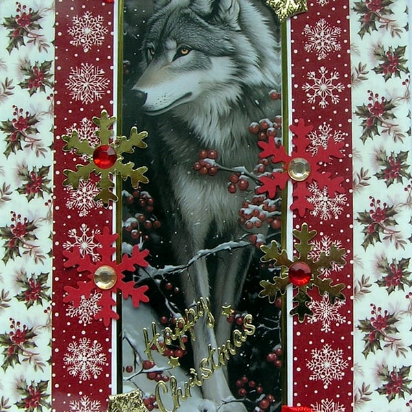 Hand Crafted Decoupage Chistmas Card - Happy Christmas (3232) Wild Grey Wolf