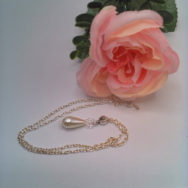 Cream Drop Pearl Necklace with a Beaded Bail on a Silver Chain, Gift for Her