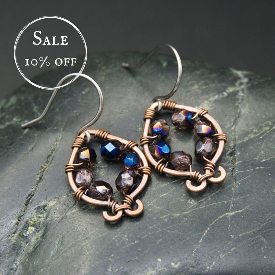 SALE - Hammered Copper Earrings with Purple & Metallic Blue Beads