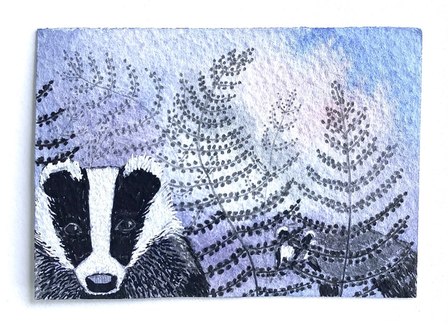 Badgers amongst ferns aceo original painting