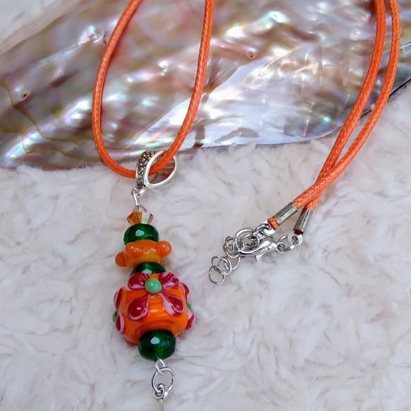 Real EMERALD and orange Lampwork bead with Tibetan silver GINGKO charm necklace