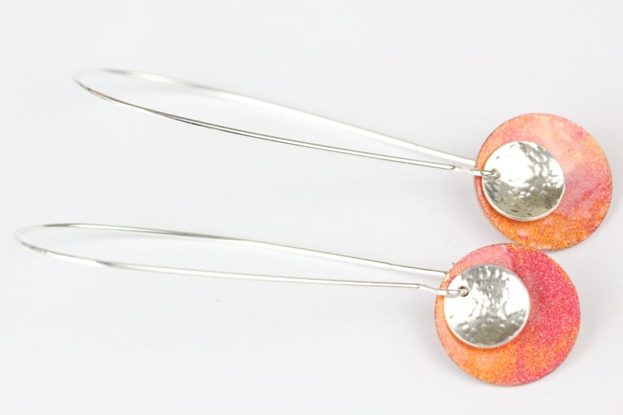 Long drop sterling silver hoop earrings with sun burst enamel discs