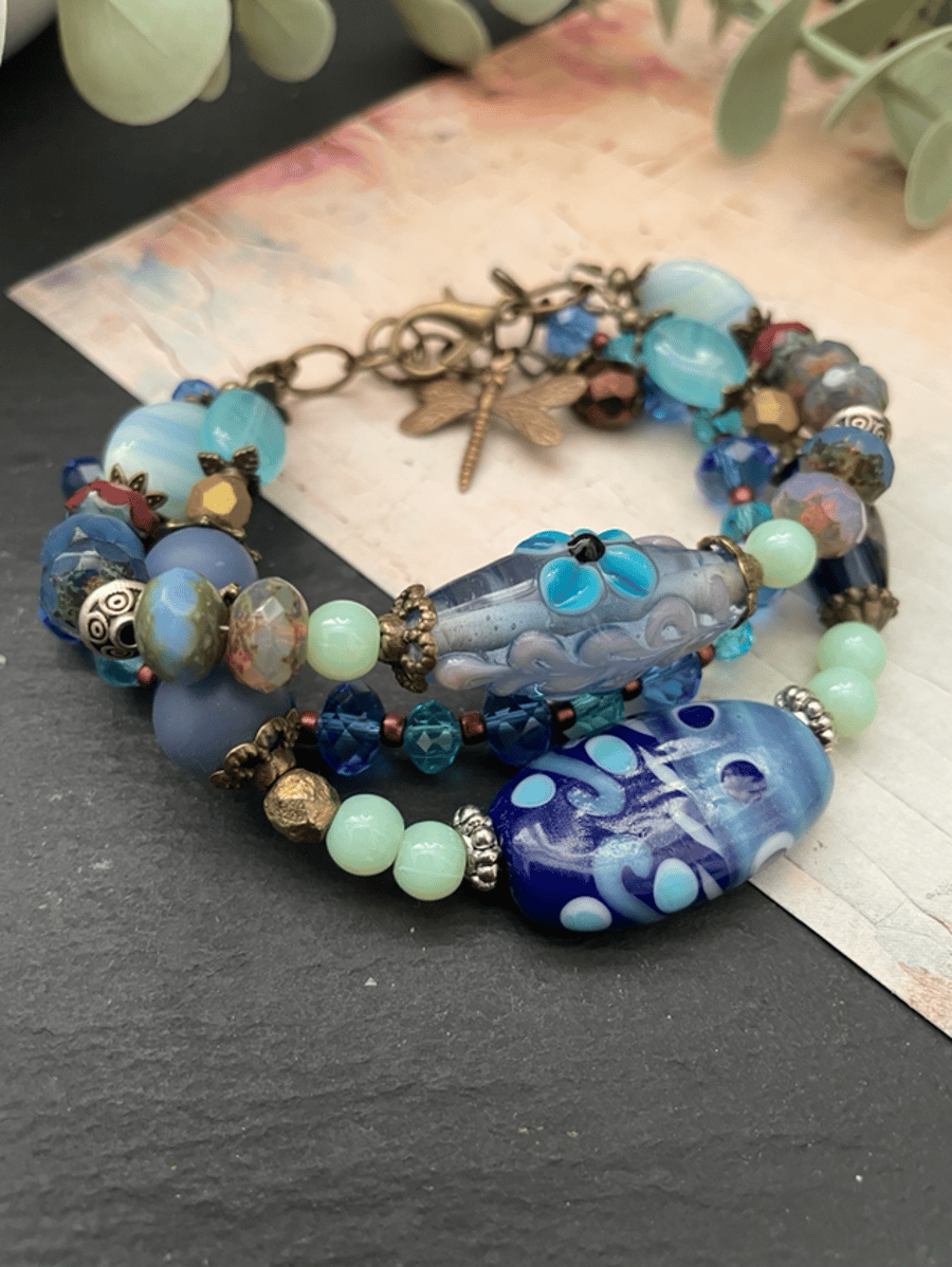 Glass beaded bracelet, lampwork beaded boho adjustable stack bracelet 