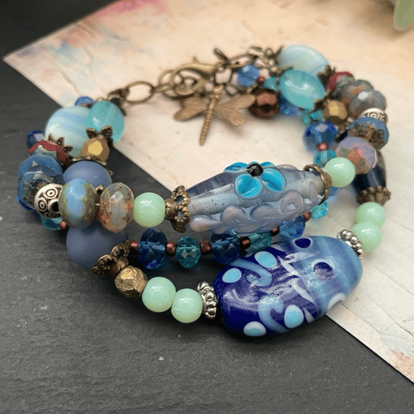 Glass beaded bracelet, lampwork beaded boho adjustable stack bracelet 