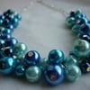 AQUA, TURQUOISE, SILVER AND SHADES OF BLUE CLUSTER NECKALCE.  246