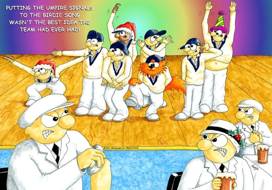 Cricket Christmas card. Umpires Christmas party. Funny cartoon card. FREE UK P&P