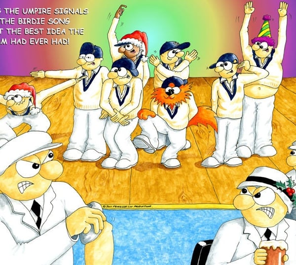 Cricket Christmas card. Umpires Christmas party. Funny cartoon card. FREE UK P&P