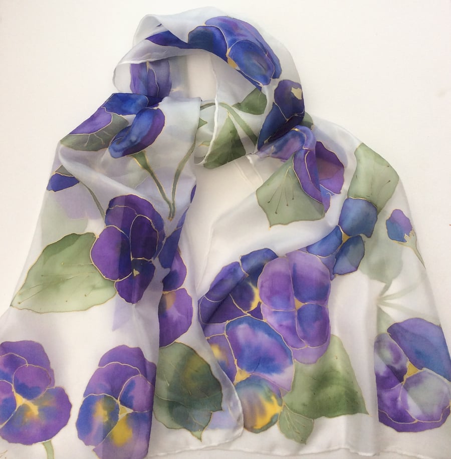 Purple Pansies hand painted silk scarf