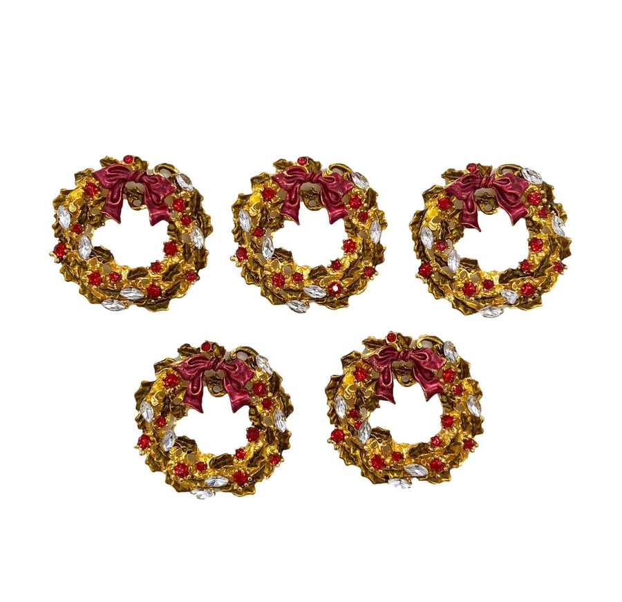 5pcs Gold Wreath Rhinestone Embellishments with Red Bow for Christmas and Scrapb