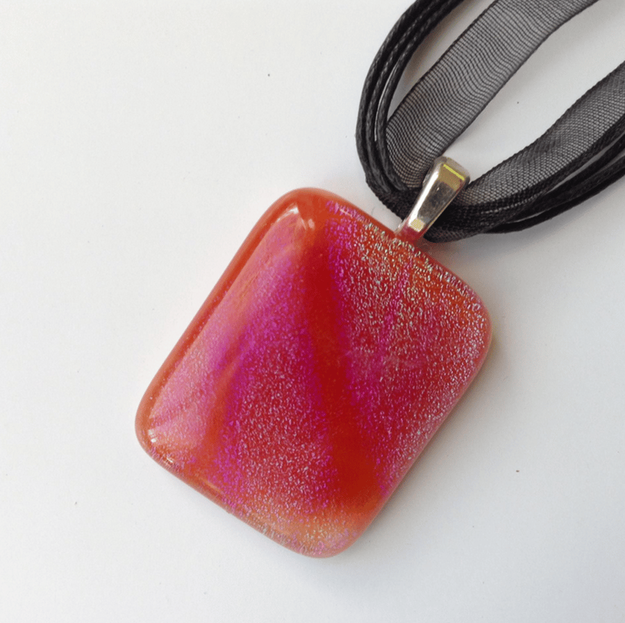 Handmade Fused Dichroic Glass Pendant, Pink with Gold Shimmer