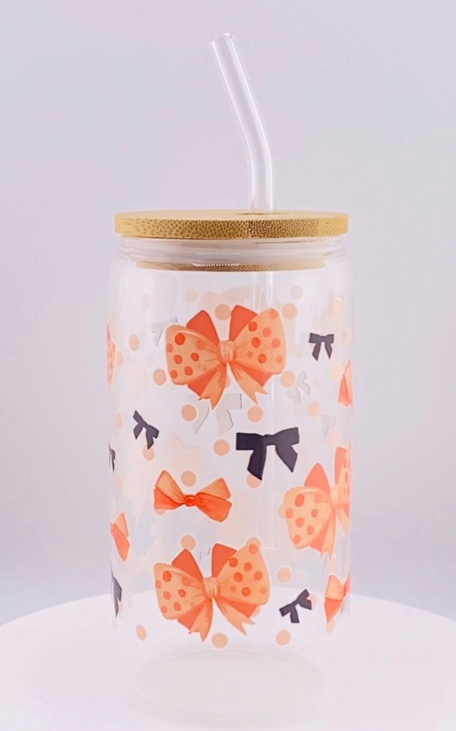 Orange and Black Bow Glass Tumbler with Glass Straw