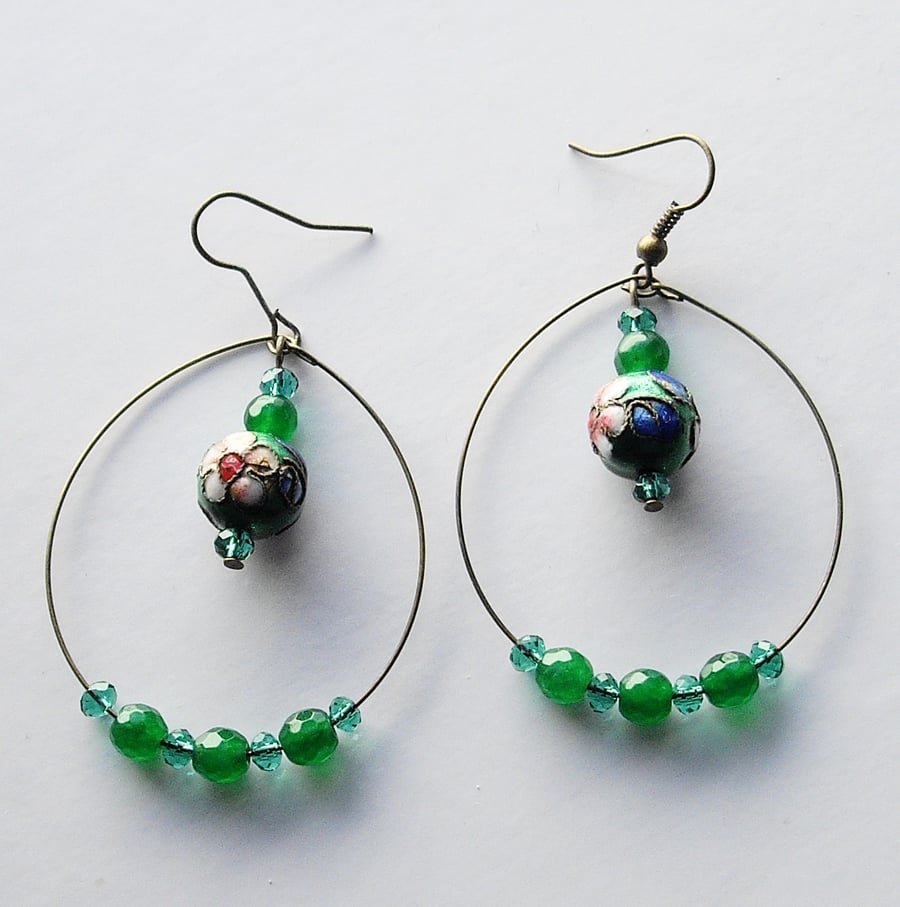 Cloisonne and Gemstone Bead Bronze Plated Hoop Earrings - UK Free Post