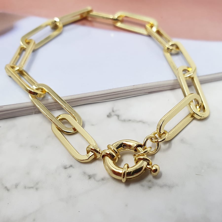Rectangle Link Gold Paperclip Bracelet - Non-Tarnish Everyday Jewellery