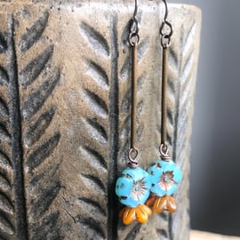 Blue & Yellow Glass Flower Earrings. Brass Dangle Earrings. Spring Jewellery