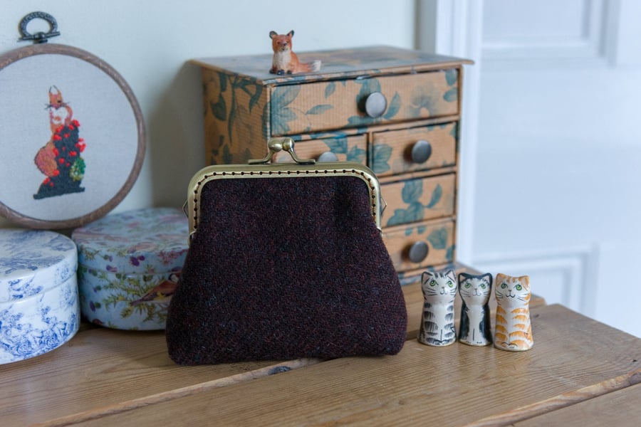 Frame purse made with chocolate brown Harris Tweed and Liberty Tana Lawn
