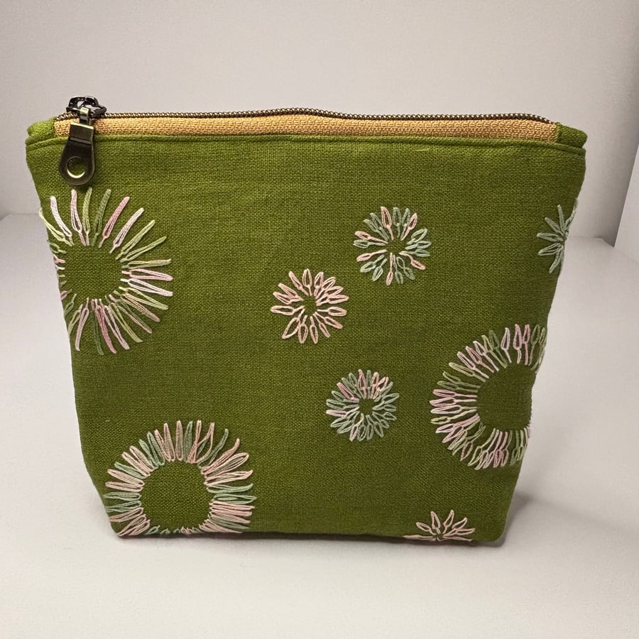 Hand embroidered zip top purse, pouch