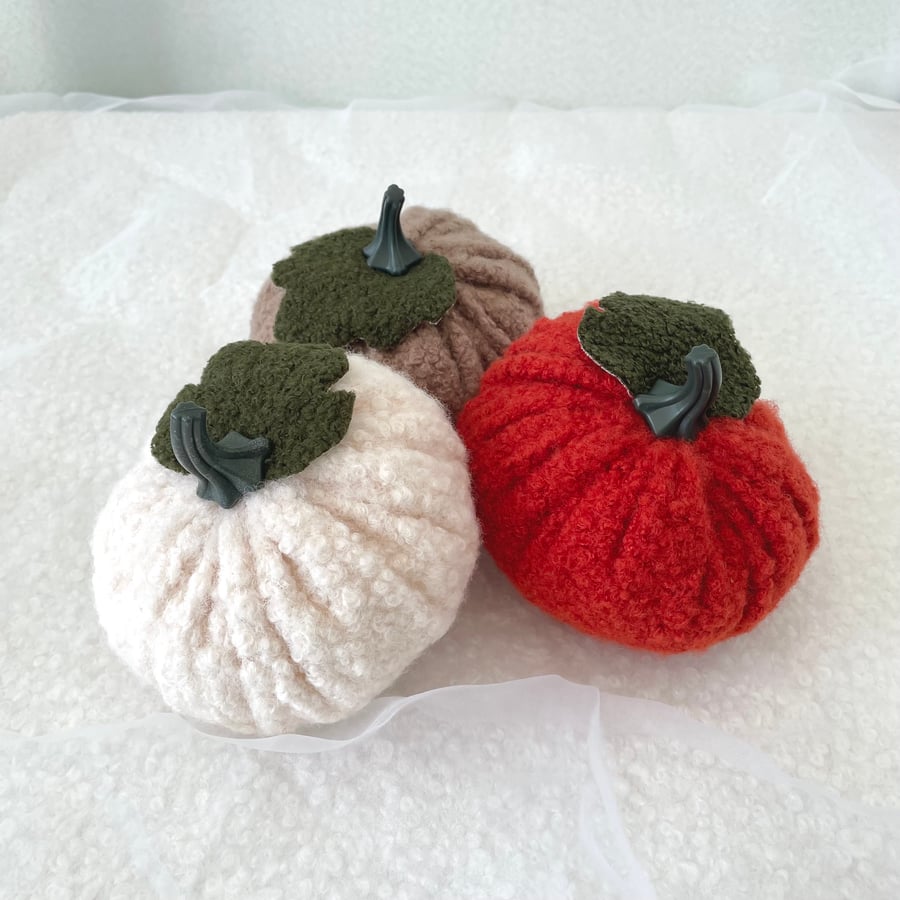 Sherpa Bouclé Fabric Pumpkins Set of 3 Autumn Decor Trio Cosy Textured Pumpkin