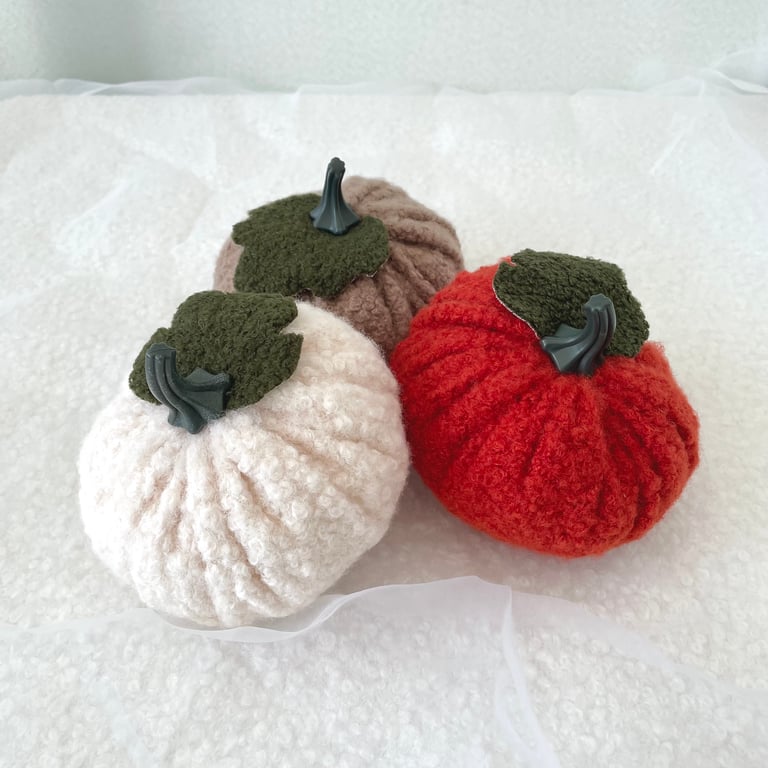 Sherpa Bouclé Fabric Pumpkins Set of 3 Autumn Decor Trio Cosy Textured Pumpkin