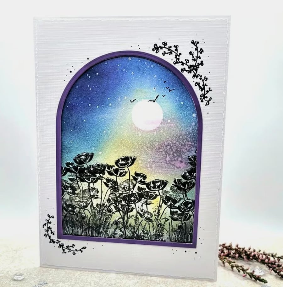 Poppies Blank Card - poppy field, moon, stars, handmade, all occasions card