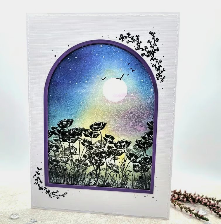 Poppies Blank Card - poppy field, moon, stars, handmade, all occasions card