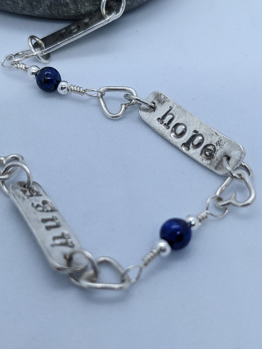 Silver bracelet, Handmade silver bracelet with hearts and stamped sentiments