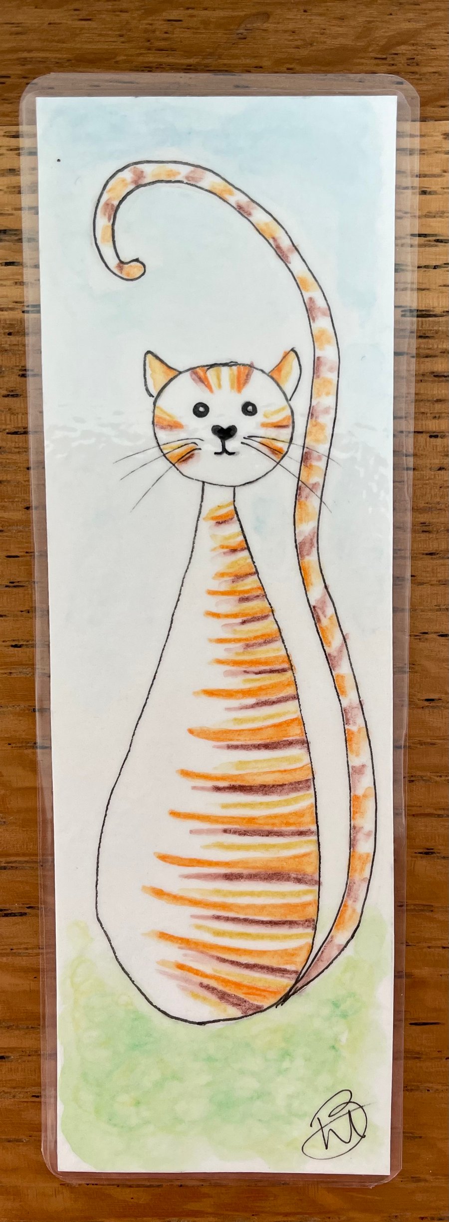Hand painted original watercolour and ink fat cat bookmark
