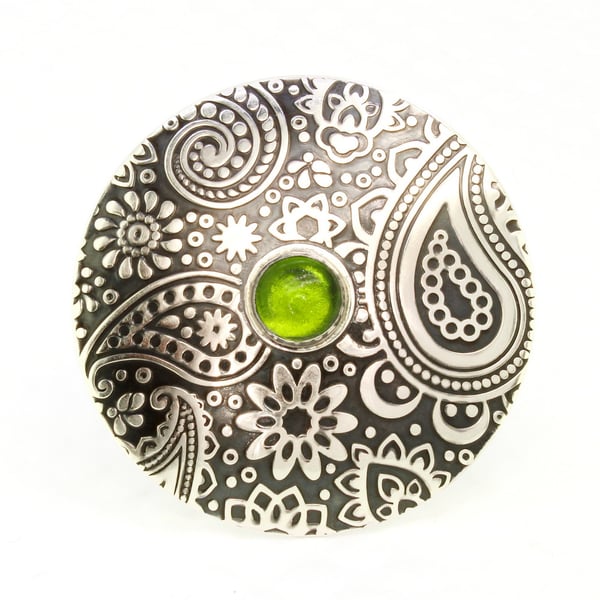 Paisley Pattern Brooch, Handmade Sterling Silver, Peridot Quartz Gemstone, Green