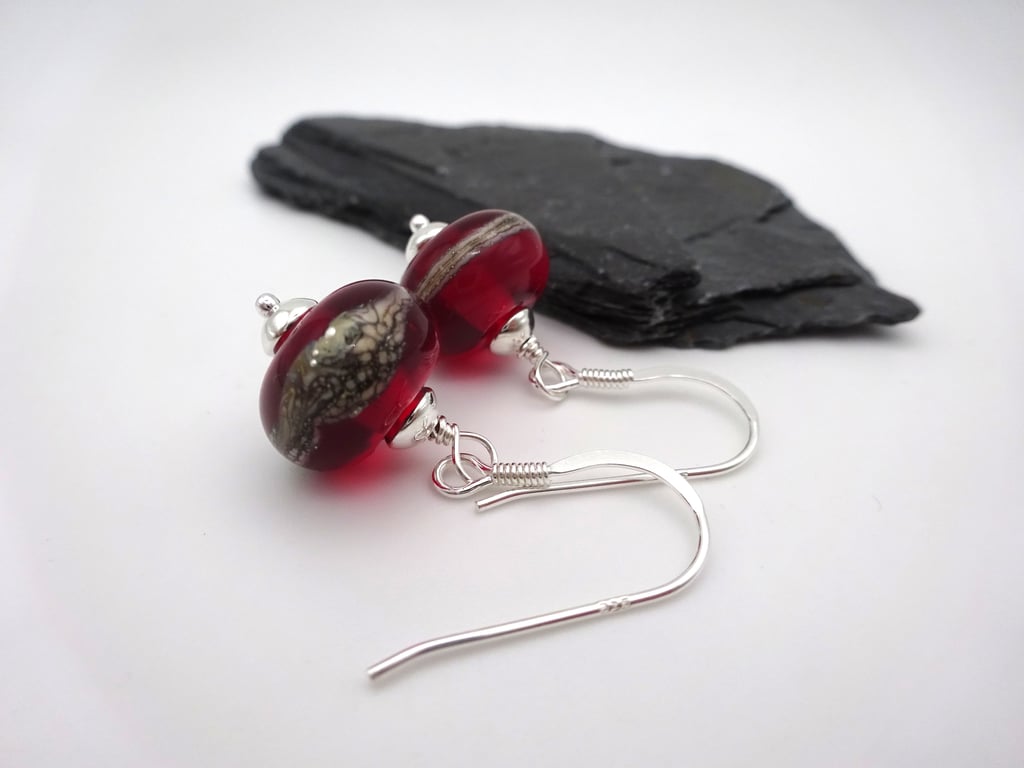 red lampwork glass wrapped earrings