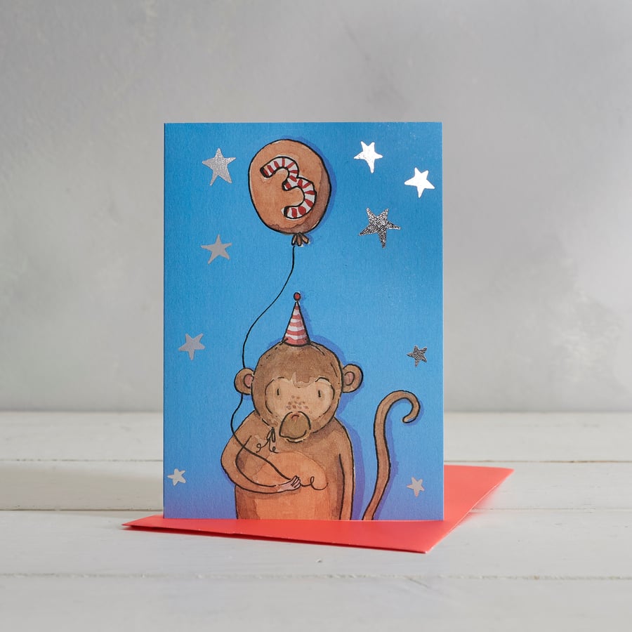 Children's 3rd Birthday Monkey Greetings Card