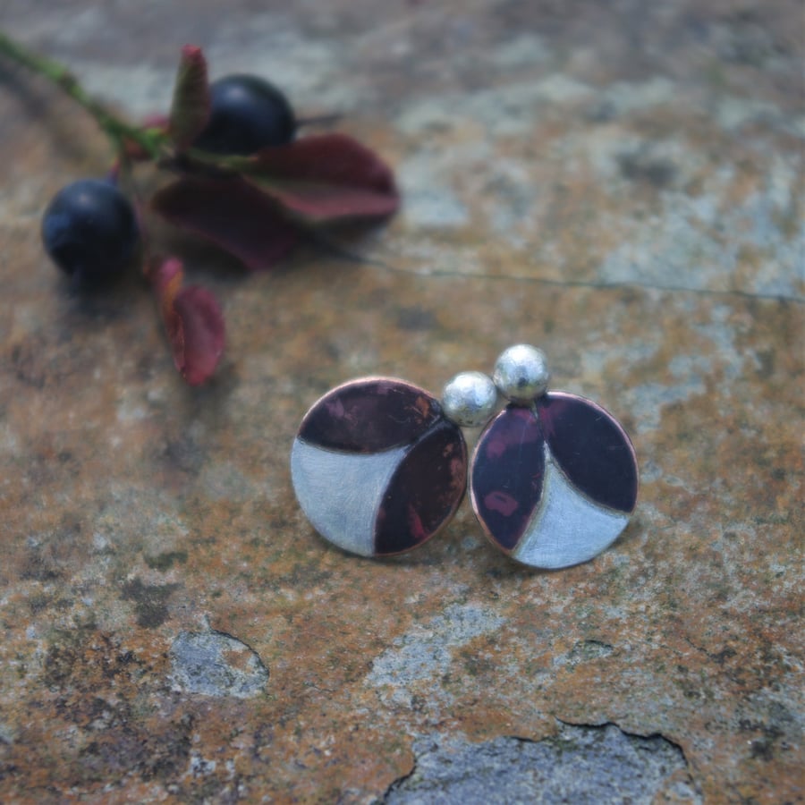 Silver and Copper Leaves and Berry Stud Earrings