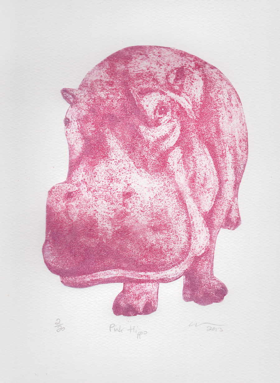 Pink Hippo Limited Edition Collagraph Print