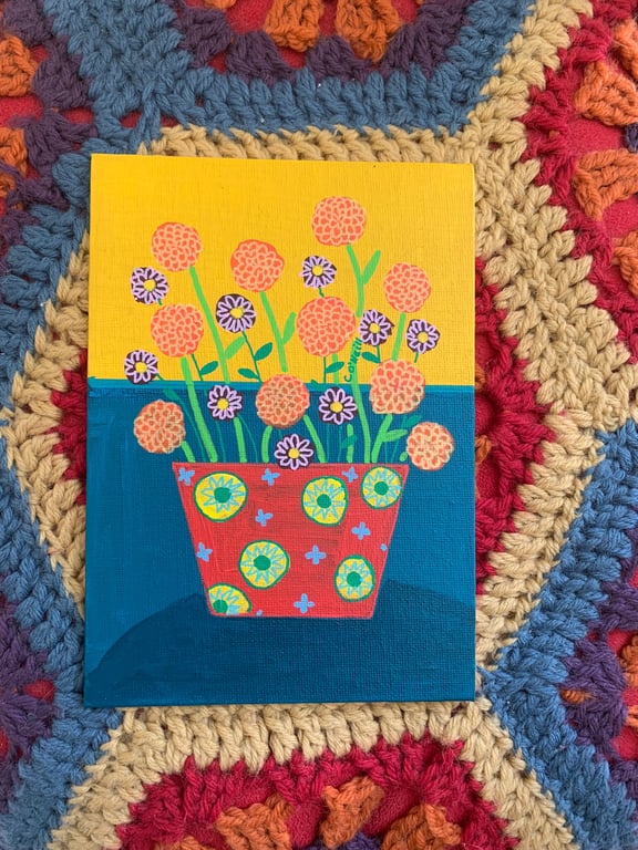 Colourful  Red Flower Pot. -  Acrylic Gouache Painting 