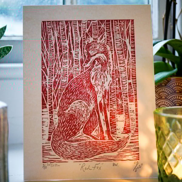 Fox Linocut Art Print, Fox With Stars