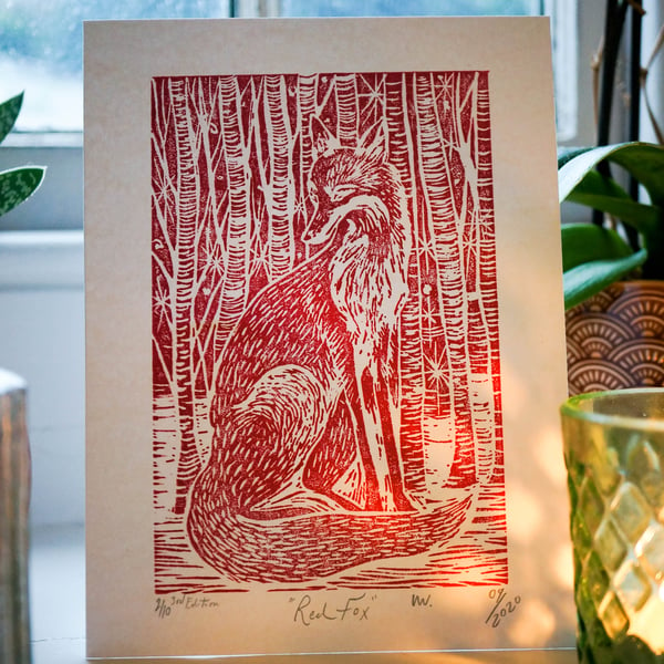 Fox Linocut Art Print, Fox With Stars