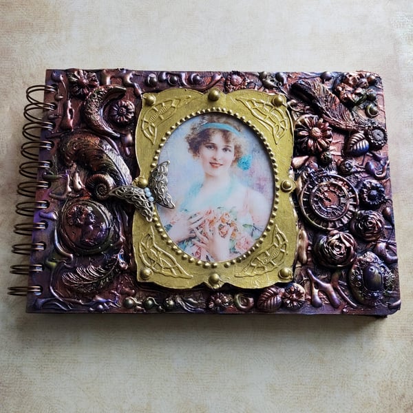 Hand crafted Altered Sketchbook 1800 era Vintage Lady with Flowers 
