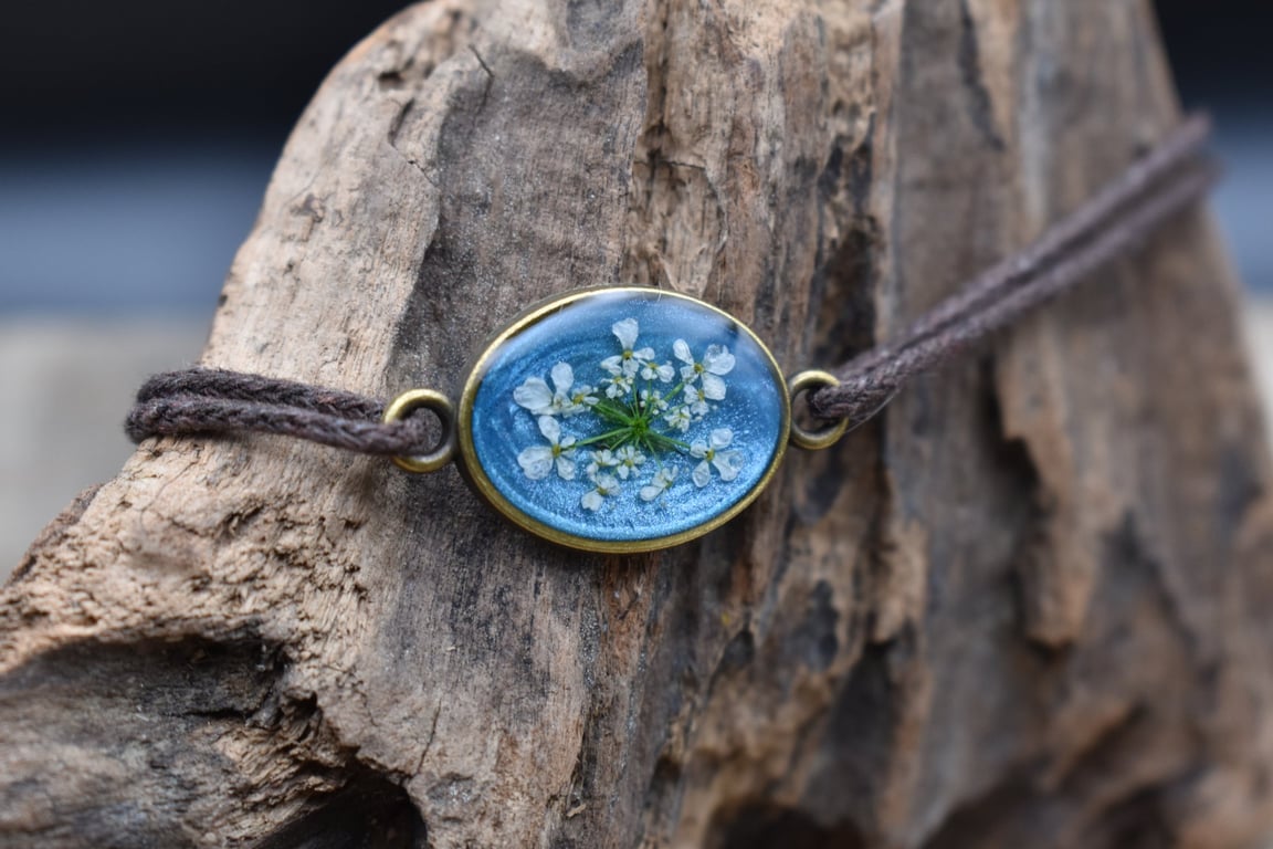Adjustable Resin Bracelet with Real Cow Parsley Flower, Waxed Cotton Cord