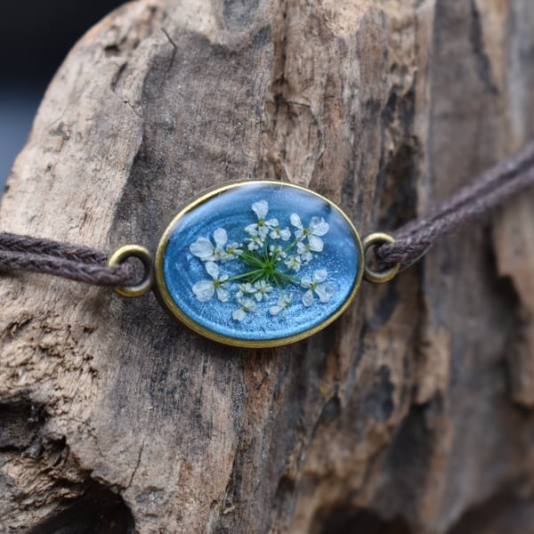 Adjustable Resin Bracelet with Real Cow Parsley Flower, Waxed Cotton Cord