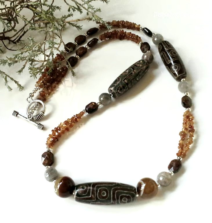 Garnet, Moonstone, Agate, Bronzite Long Necklace ONE ONLY