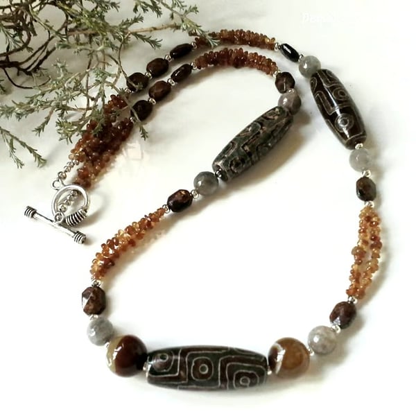Garnet, Moonstone, Agate, Bronzite Long Necklace ONE ONLY