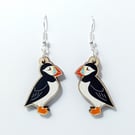 Puffin Drop Earrings, Wooden Dangly, Silver Plated or Sterling Silver Hooks