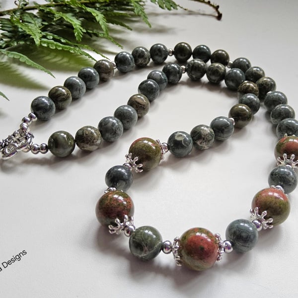 Designer African Green Jasper & Unikite Necklace 