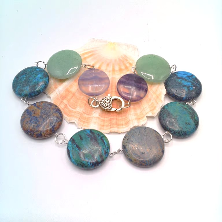 Jasper Jade & Fluorite Large Coin Bead Necklace, Gemstone Necklace, Gift for Her