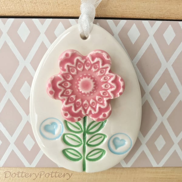 Pottery Easter Egg decoration with pink flower