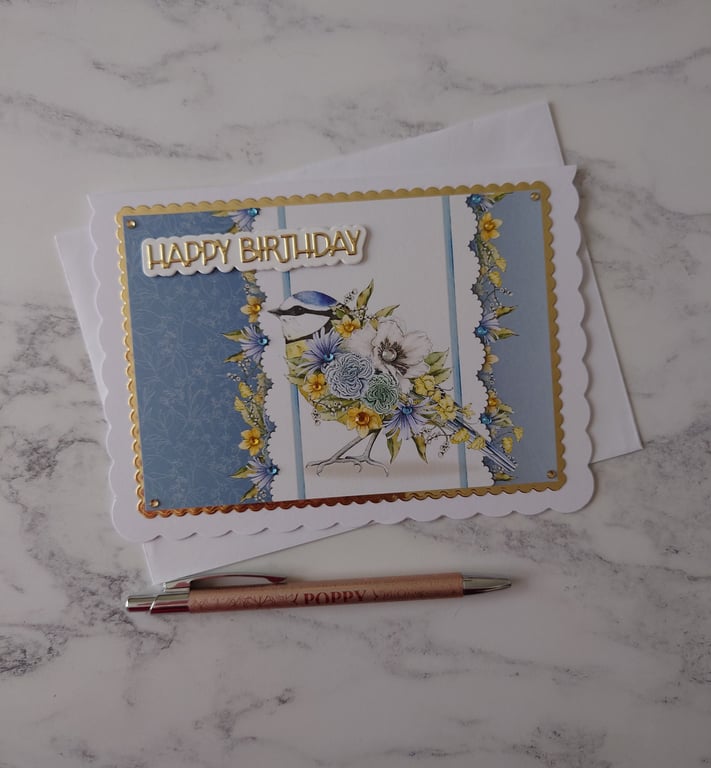 Happy Birthday Blue Tit Bird Flowers 3D Luxury Handmade Card